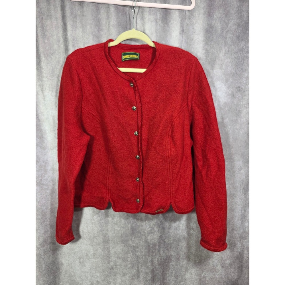 Geiger Red Boiled Wool‎ Jacket Austrian Tyrolean Scalloped Trim Metal Buttons